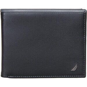 Nautica Men's Black Grey Leather Wallet RFID Blocking ID Window Card Slots